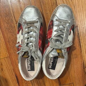 Golden Goose Silver and Red Plaid Sneakers